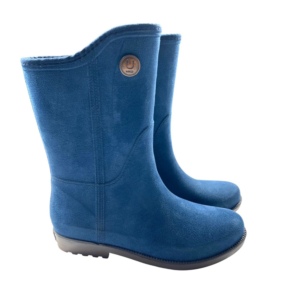 Ulan Rainy Steps Womens 7 Blue Waterproof Faux Suede Mid Calf Rain Boots NWOT